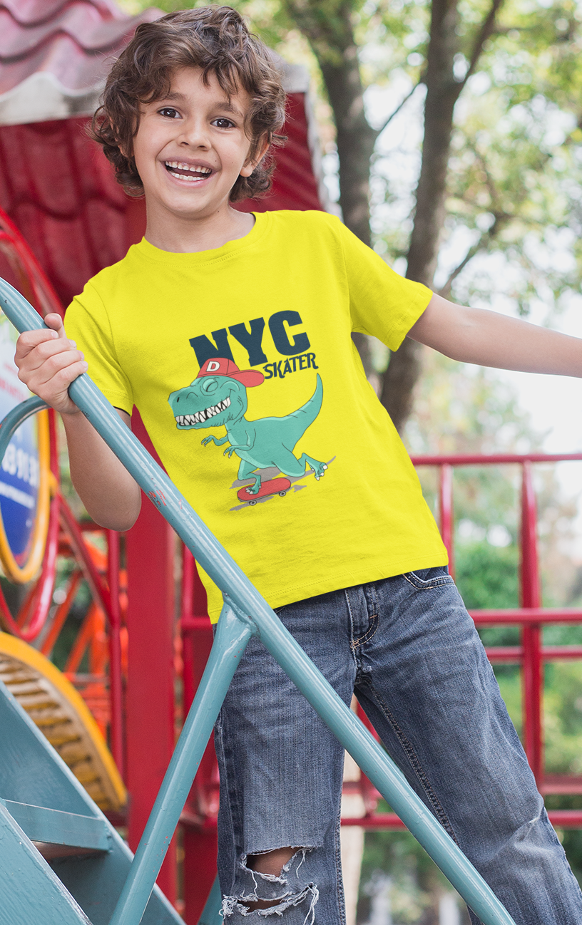 Erkek Çocuk NYC Skater Dinozor Baskılı Kısa Kollu Tişört – %100 Pamuk Süprem Kumaş