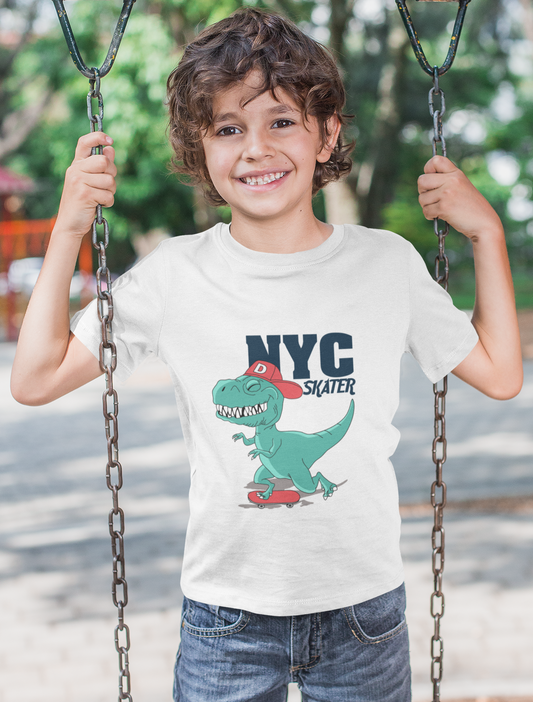 Erkek Çocuk NYC Skater Dinozor Baskılı Kısa Kollu Tişört – %100 Pamuk Süprem Kumaş
