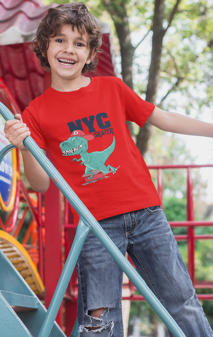 Erkek Çocuk NYC Skater Dinozor Baskılı Kısa Kollu Tişört – %100 Pamuk Süprem Kumaş
